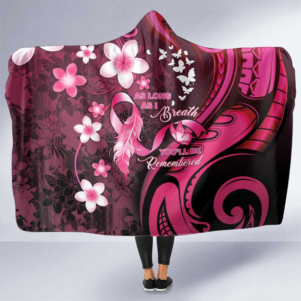 Memorial Breast Cancer Awareness Hooded Blanket Plumeria Floral Tribal Pattern LT05 One Size Black - Polynesian Pride