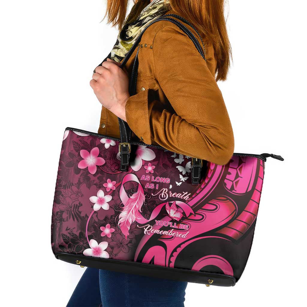 Memorial Breast Cancer Awareness Leather Tote Bag Plumeria Floral Tribal Pattern LT05 Black - Polynesian Pride