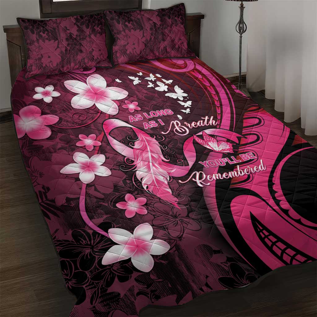 Memorial Breast Cancer Awareness Quilt Bed Set Plumeria Floral Tribal Pattern LT05 Black - Polynesian Pride