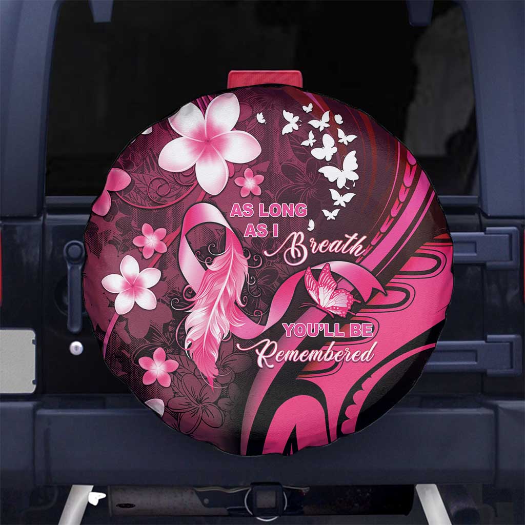 Memorial Breast Cancer Awareness Spare Tire Cover Plumeria Floral Tribal Pattern LT05 No hole Black - Polynesian Pride
