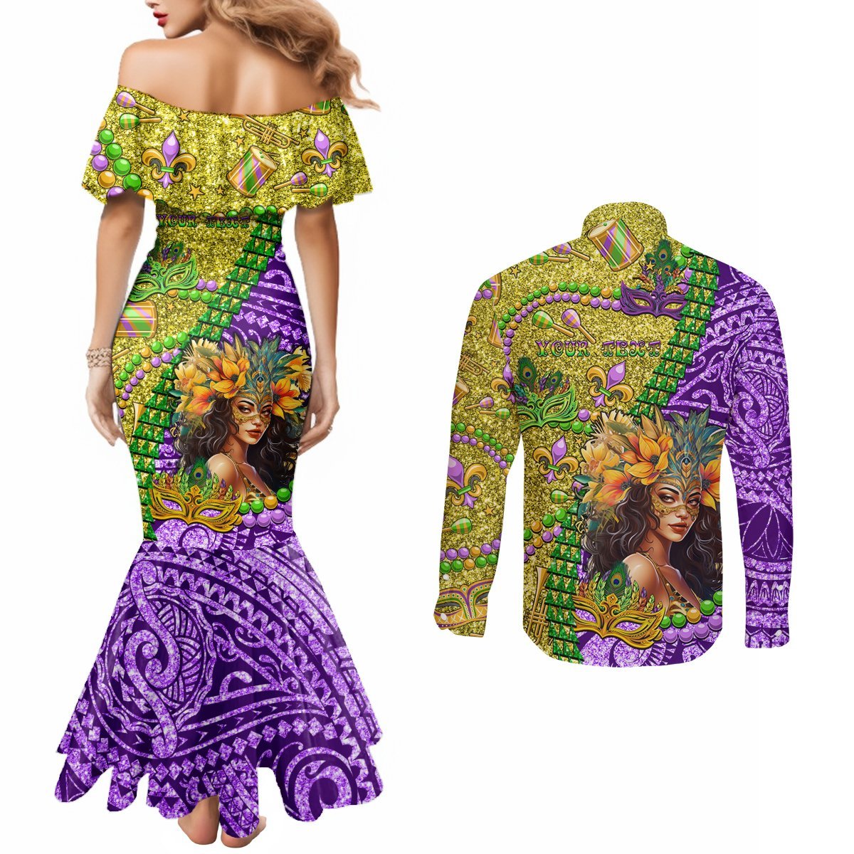 Personalised Hawaii Mardi Gras Couples Matching Mermaid Dress and Long Sleeve Button Shirt Polynesian Pattern With Glitter Style LT05 - Polynesian Pride