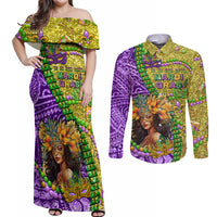 Personalised Hawaii Mardi Gras Couples Matching Off Shoulder Maxi Dress and Long Sleeve Button Shirt Polynesian Pattern With Glitter Style LT05 Yellow - Polynesian Pride