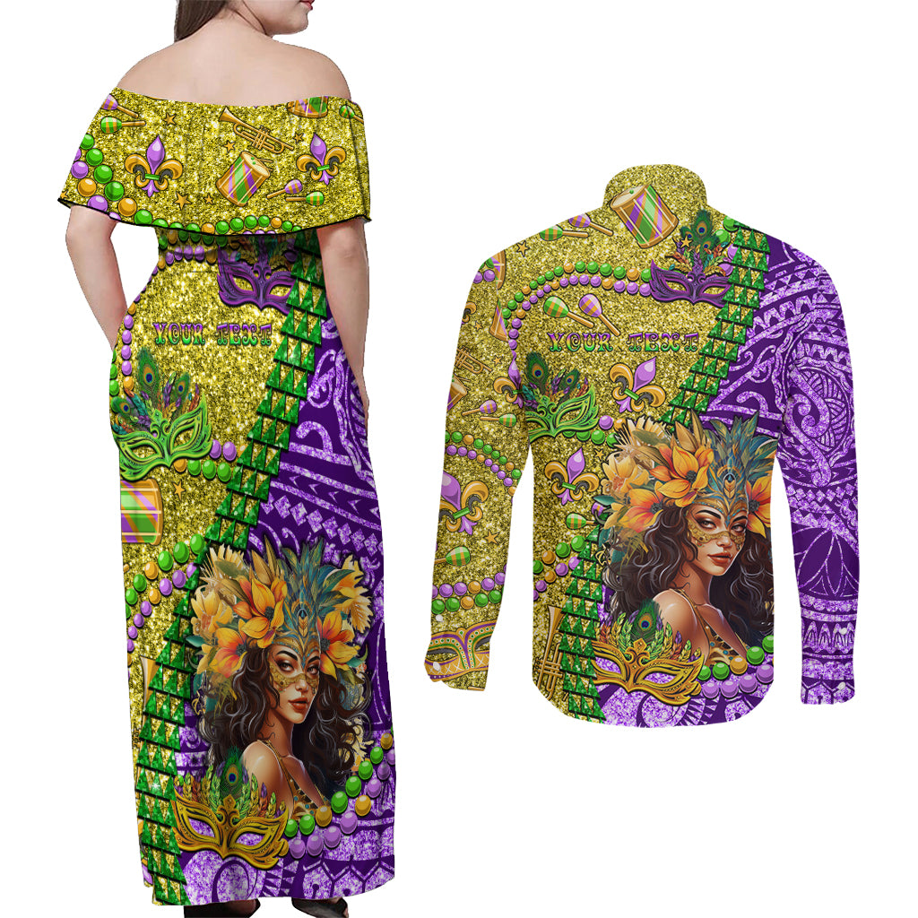 Personalised Hawaii Mardi Gras Couples Matching Off Shoulder Maxi Dress and Long Sleeve Button Shirt Polynesian Pattern With Glitter Style LT05 - Polynesian Pride