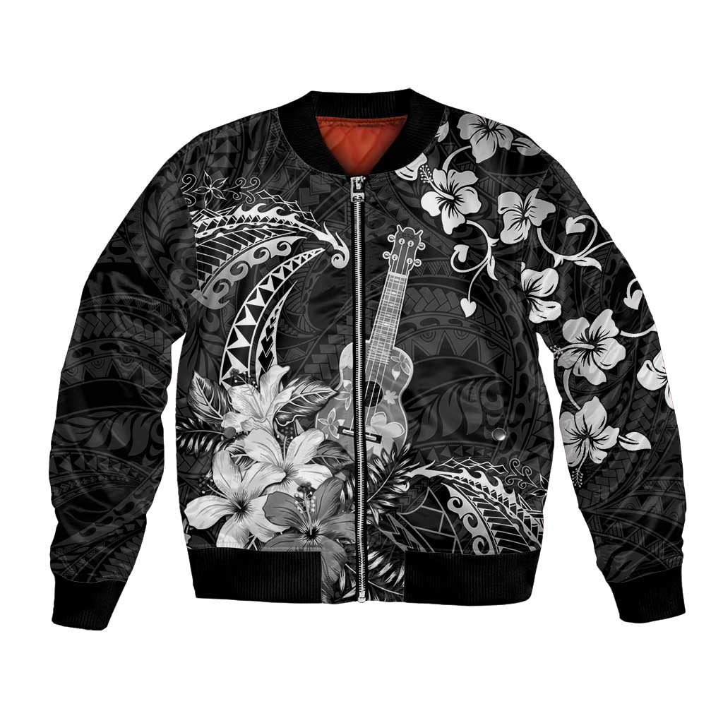 Hawaii Ukulele Bomber Jacket Polynesian Pattern Mix Hibiscus Black Version LT05 Unisex Black - Polynesian Pride