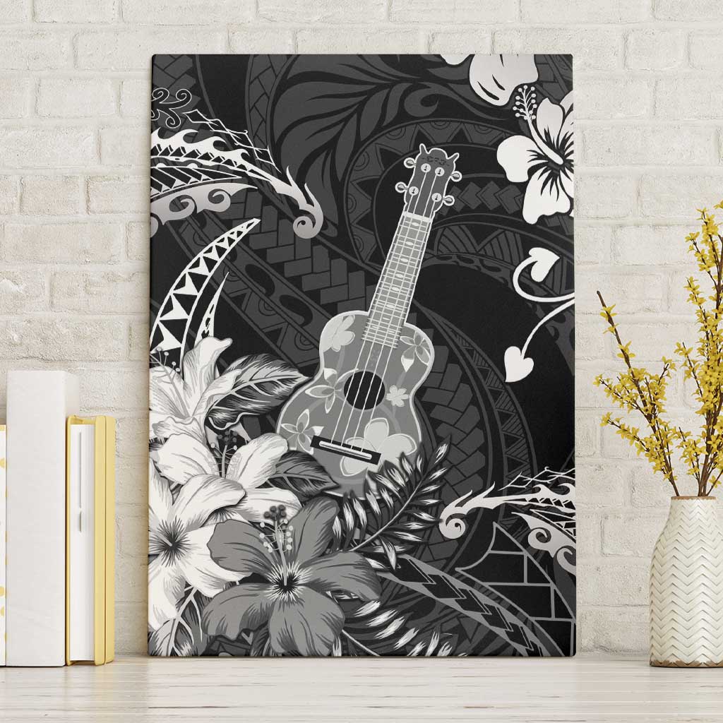 Hawaii Ukulele Canvas Wall Art Polynesian Pattern Mix Hibiscus Black Version LT05 Without Frame Black - Polynesian Pride