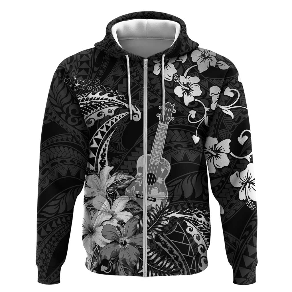 Hawaii Ukulele Hoodie Polynesian Pattern Mix Hibiscus Black Version LT05 Zip Hoodie Black - Polynesian Pride