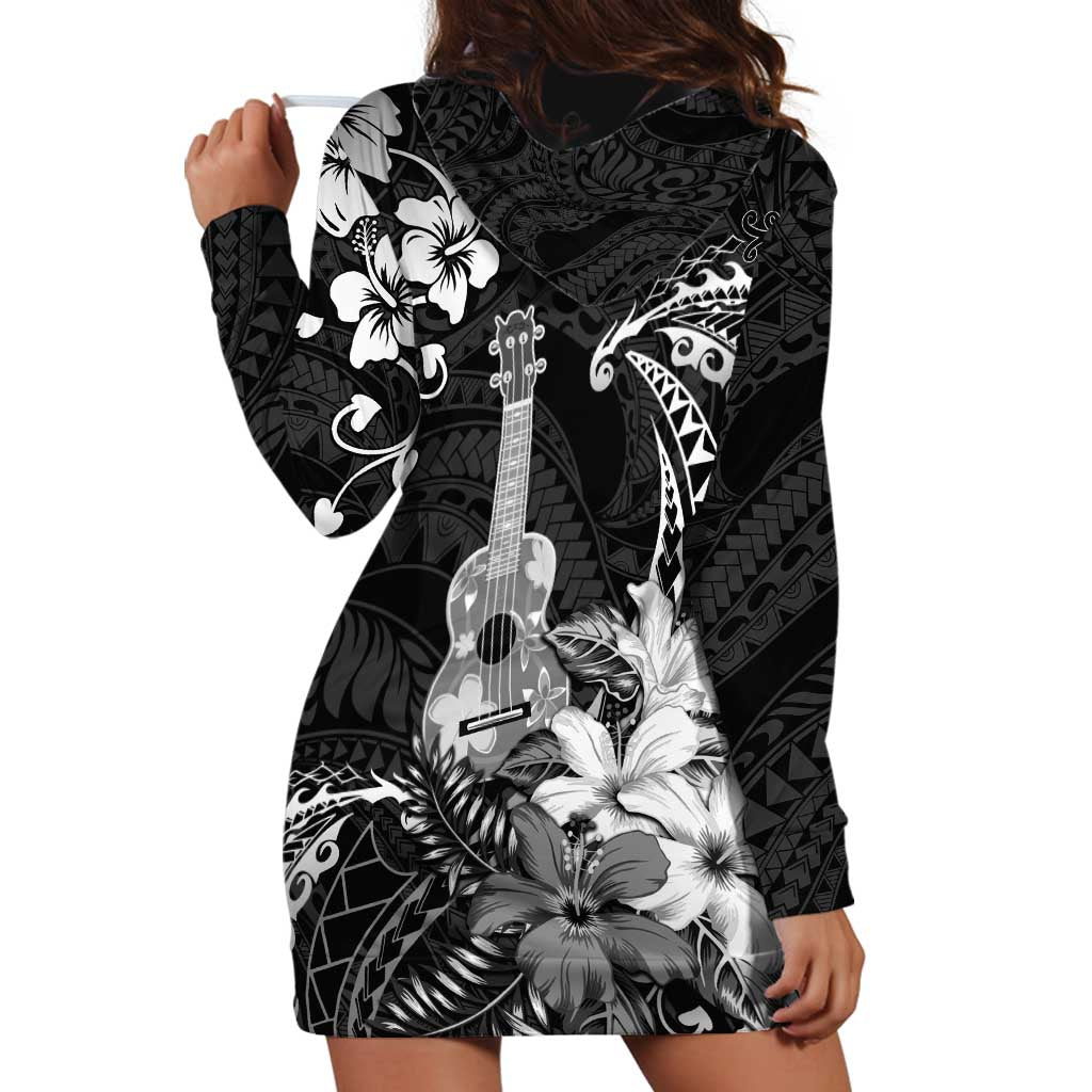 Hawaii Ukulele Hoodie Dress Polynesian Pattern Mix Hibiscus Black Version LT05 - Polynesian Pride
