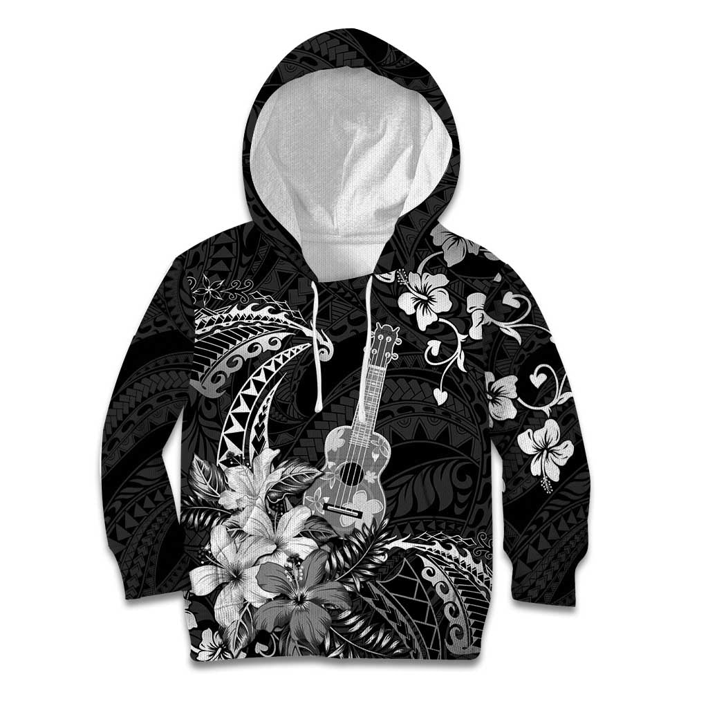 Hawaii Ukulele Kid Hoodie Polynesian Pattern Mix Hibiscus Black Version LT05 Hoodie Black - Polynesian Pride