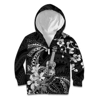 Hawaii Ukulele Kid Hoodie Polynesian Pattern Mix Hibiscus Black Version LT05 Zip Hoodie Black - Polynesian Pride