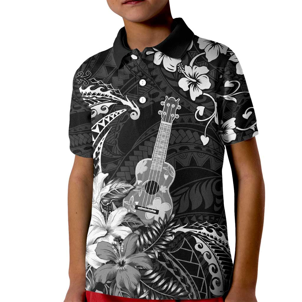 Hawaii Ukulele Kid Polo Shirt Polynesian Pattern Mix Hibiscus Black Version LT05 Kid Black - Polynesian Pride