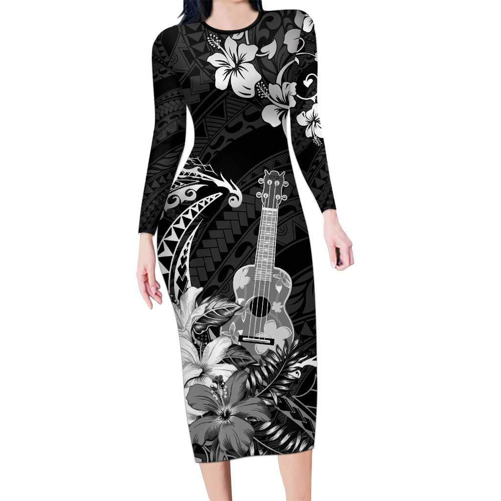 Hawaii Ukulele Long Sleeve Bodycon Dress Polynesian Pattern Mix Hibiscus Black Version LT05 Long Dress Black - Polynesian Pride