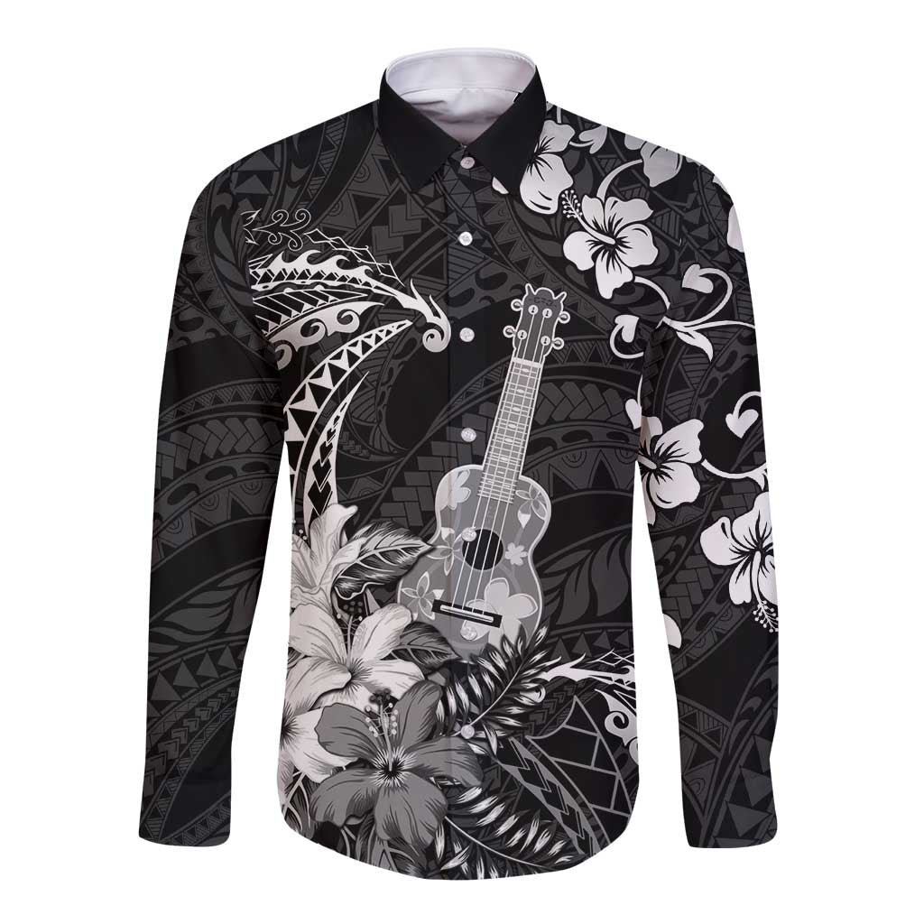 Hawaii Ukulele Long Sleeve Button Shirt Polynesian Pattern Mix Hibiscus Black Version LT05 Unisex Black - Polynesian Pride
