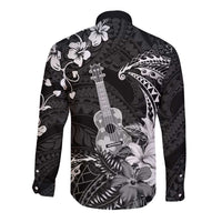 Hawaii Ukulele Long Sleeve Button Shirt Polynesian Pattern Mix Hibiscus Black Version LT05 - Polynesian Pride