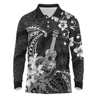 Hawaii Ukulele Long Sleeve Polo Shirt Polynesian Pattern Mix Hibiscus Black Version LT05 Black - Polynesian Pride