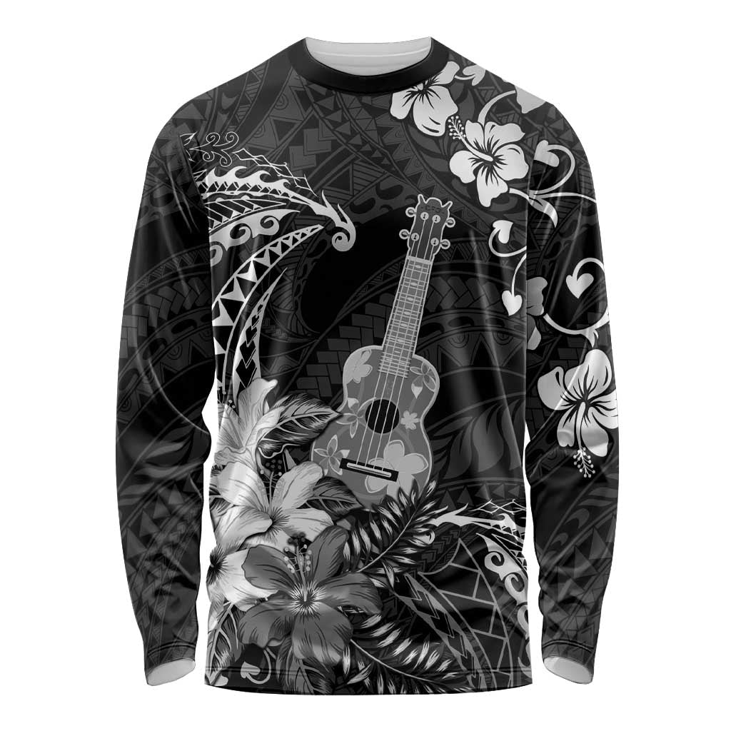 Hawaii Ukulele Long Sleeve Shirt Polynesian Pattern Mix Hibiscus Black Version LT05 Unisex Black - Polynesian Pride