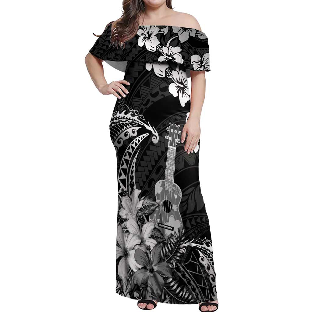 Hawaii Ukulele Off Shoulder Maxi Dress Polynesian Pattern Mix Hibiscus Black Version LT05 Women Black - Polynesian Pride