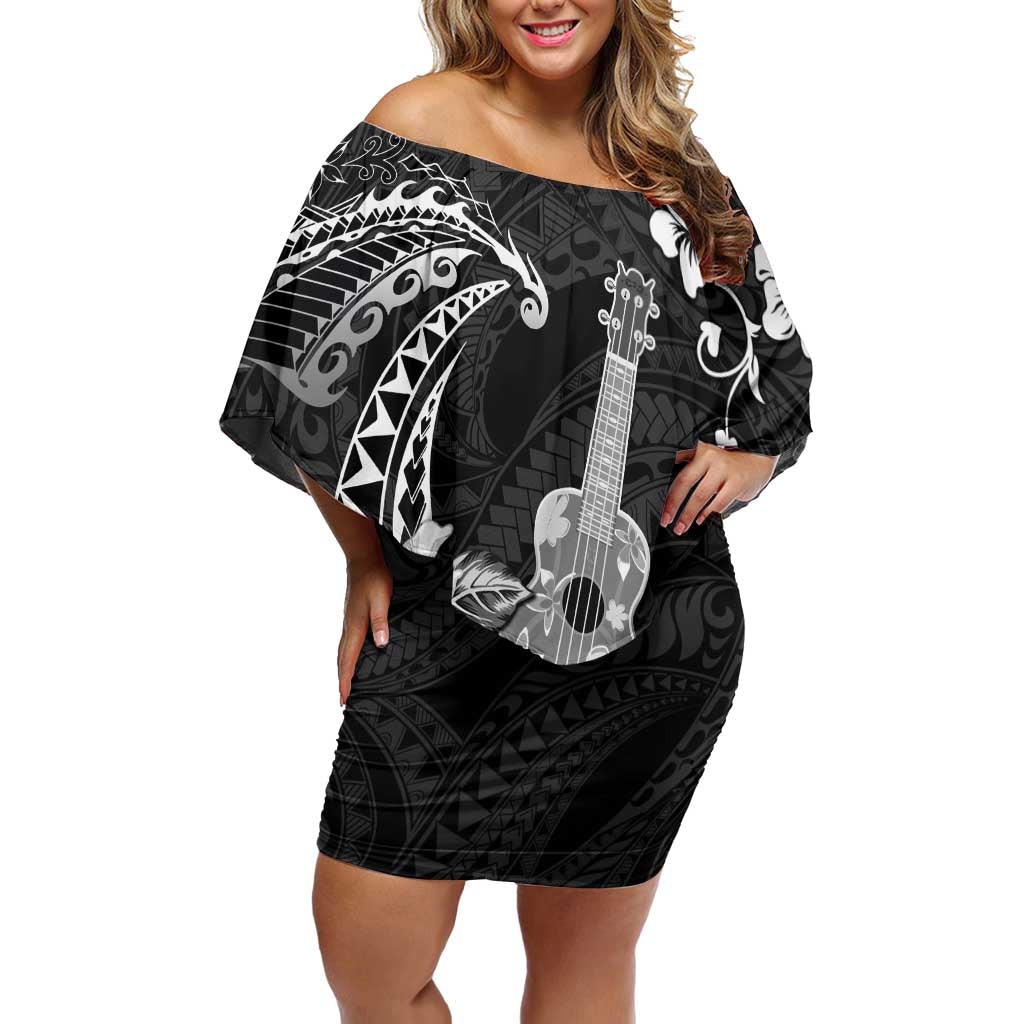 Hawaii Ukulele Off Shoulder Short Dress Polynesian Pattern Mix Hibiscus Black Version LT05 Women Black - Polynesian Pride