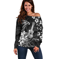 Hawaii Ukulele Off Shoulder Sweater Polynesian Pattern Mix Hibiscus Black Version LT05 Women Black - Polynesian Pride