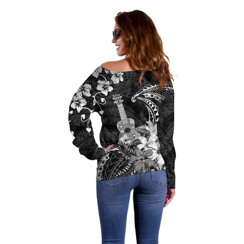 Hawaii Ukulele Off Shoulder Sweater Polynesian Pattern Mix Hibiscus Black Version LT05 - Polynesian Pride