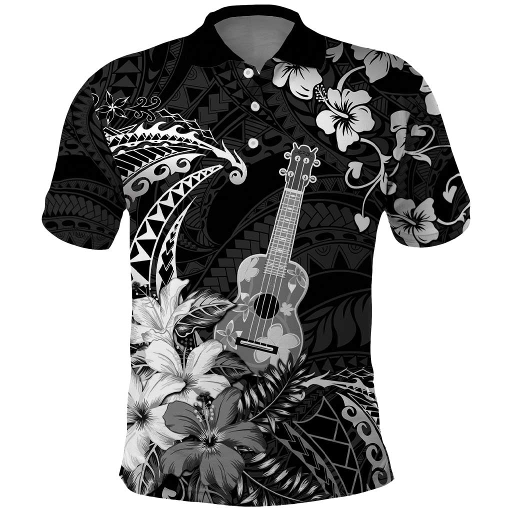 Hawaii Ukulele Polo Shirt Polynesian Pattern Mix Hibiscus Black Version LT05 Black - Polynesian Pride