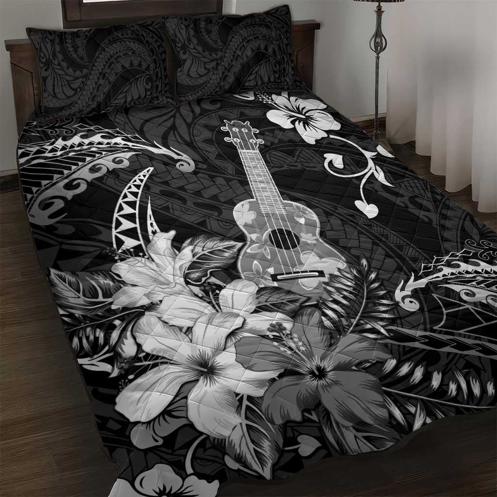 Hawaii Ukulele Quilt Bed Set Polynesian Pattern Mix Hibiscus Black Version LT05 Black - Polynesian Pride