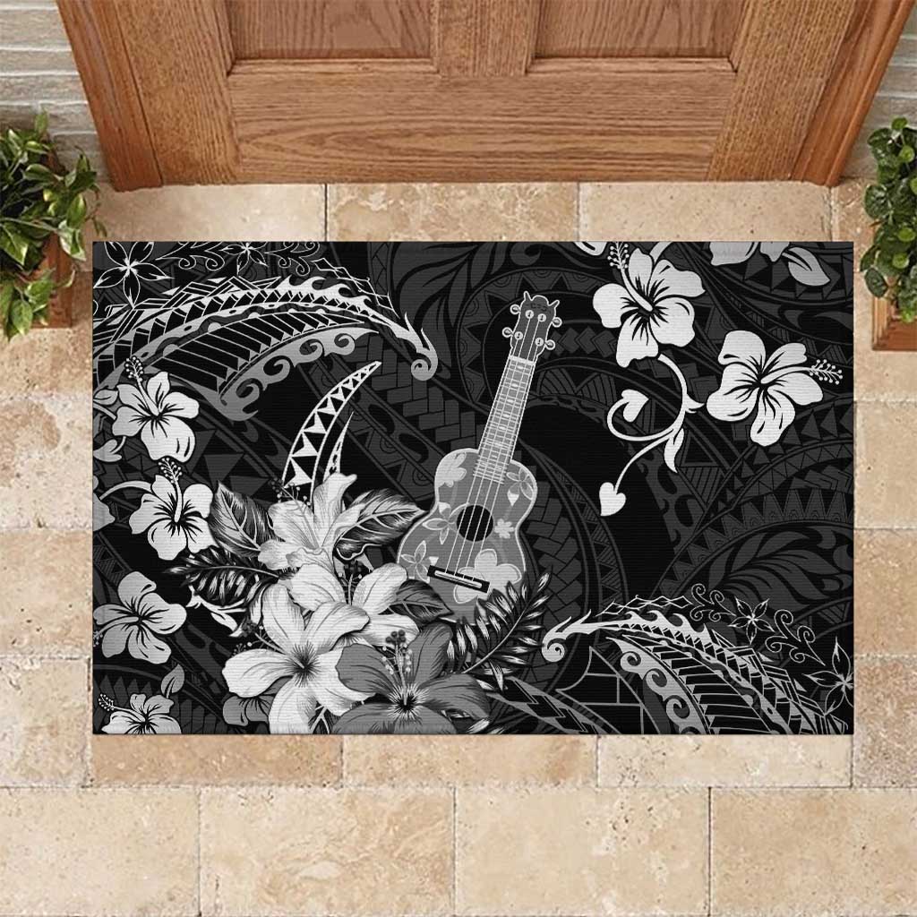Hawaii Ukulele Rubber Doormat Polynesian Pattern Mix Hibiscus Black Version LT05 Black - Polynesian Pride