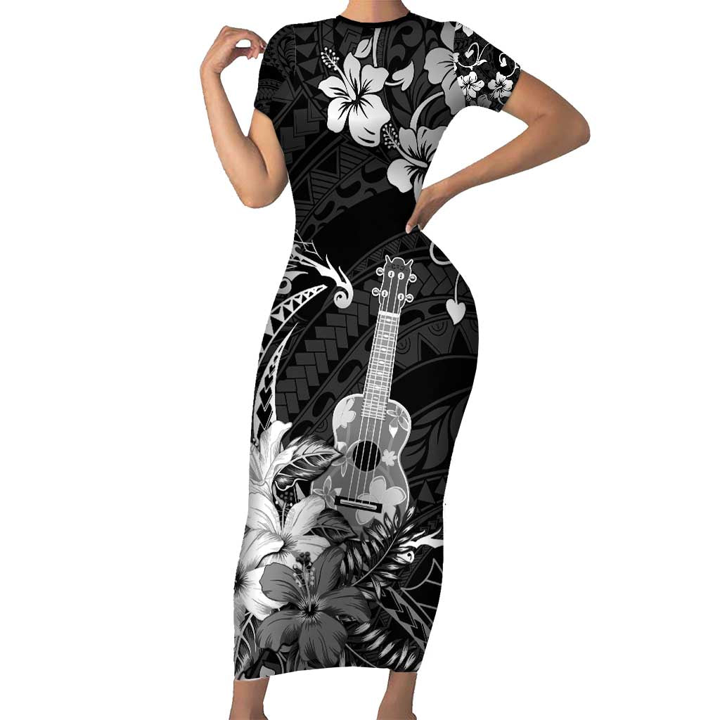 Hawaii Ukulele Short Sleeve Bodycon Dress Polynesian Pattern Mix Hibiscus Black Version LT05 Long Dress Black - Polynesian Pride