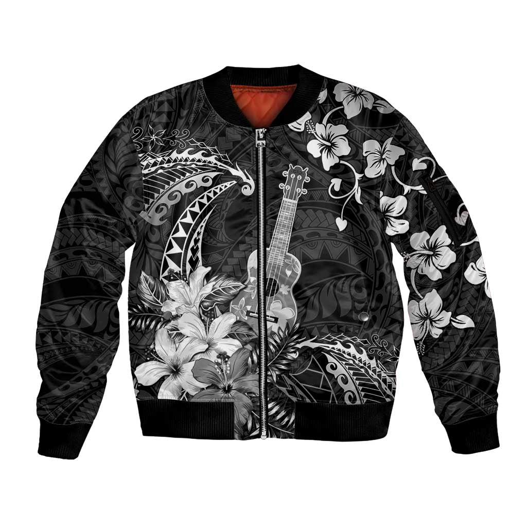 Hawaii Ukulele Sleeve Zip Bomber Jacket Polynesian Pattern Mix Hibiscus Black Version LT05 Unisex Black - Polynesian Pride