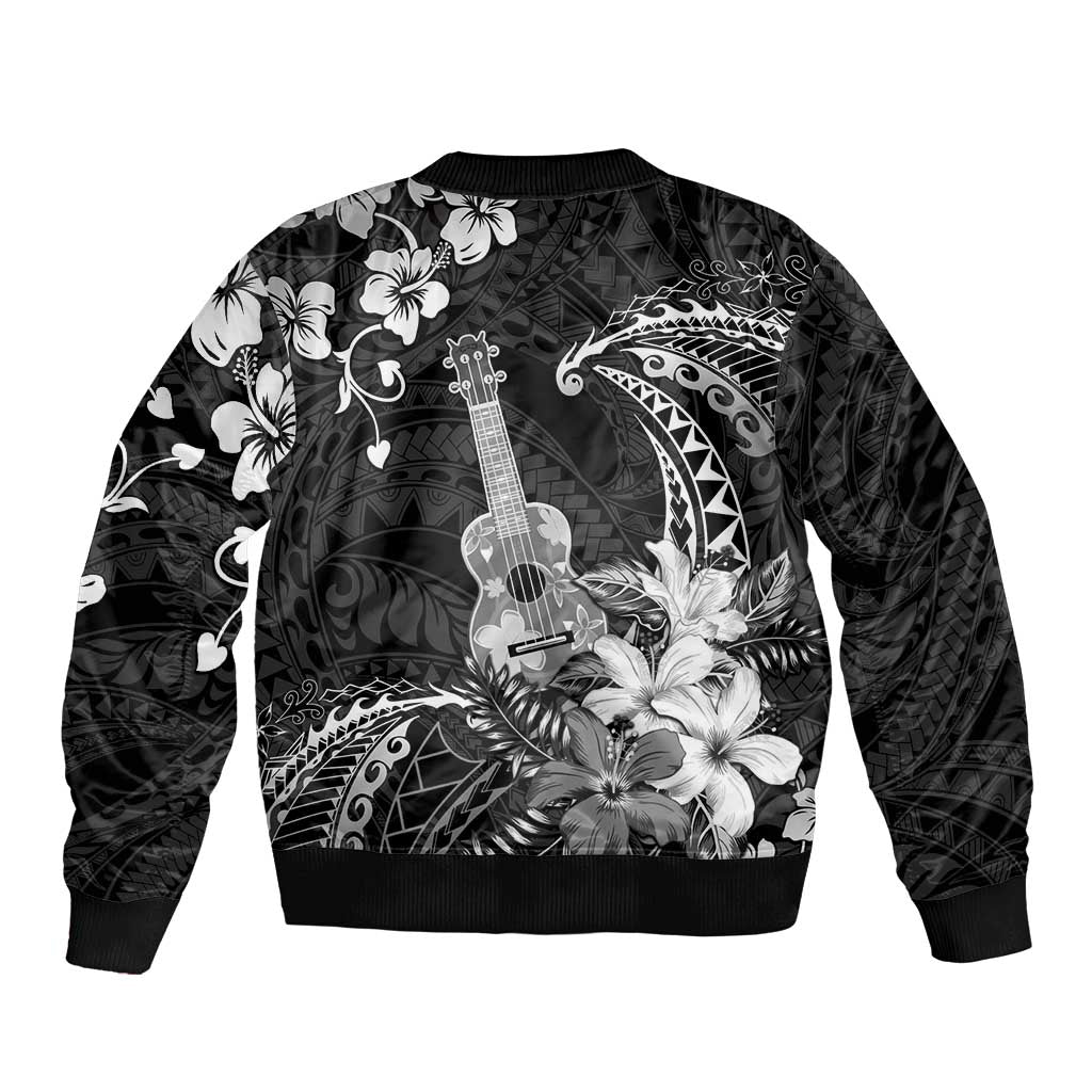 Hawaii Ukulele Sleeve Zip Bomber Jacket Polynesian Pattern Mix Hibiscus Black Version LT05 - Polynesian Pride