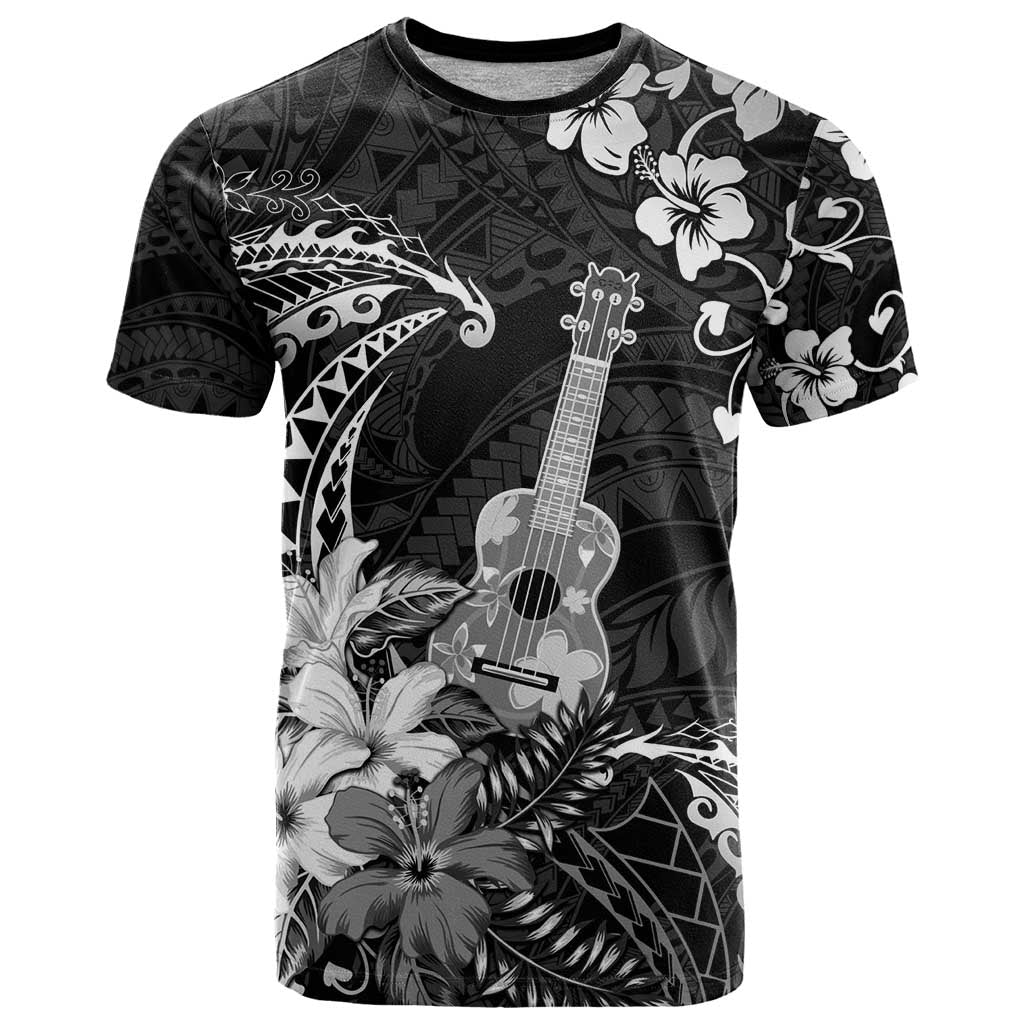 Hawaii Ukulele T Shirt Polynesian Pattern Mix Hibiscus Black Version LT05 Black - Polynesian Pride