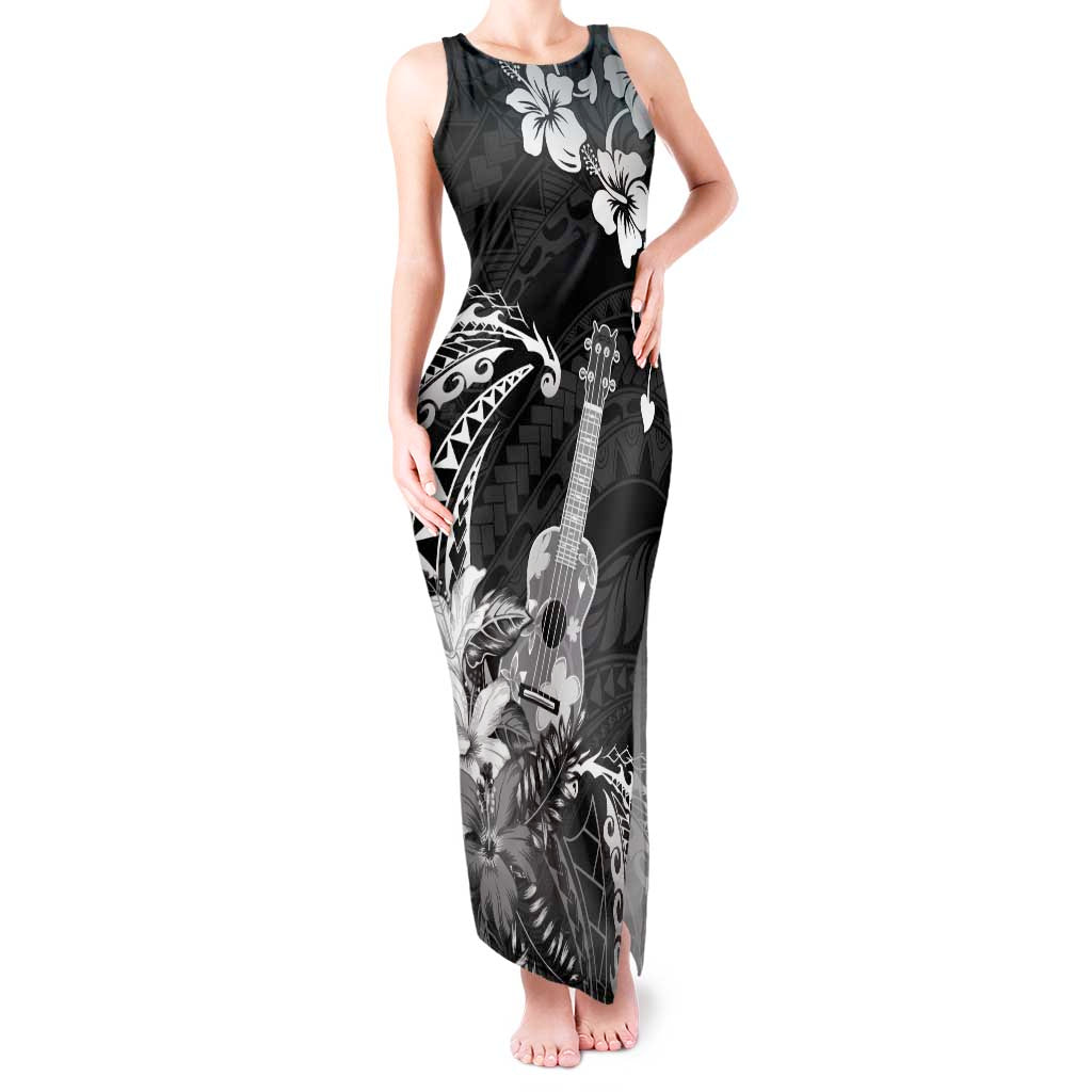 Hawaii Ukulele Tank Maxi Dress Polynesian Pattern Mix Hibiscus Black Version LT05 Women Black - Polynesian Pride