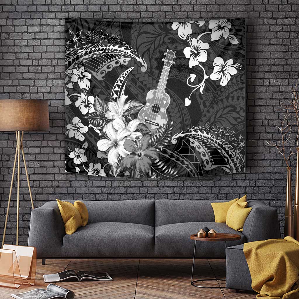 Hawaii Ukulele Tapestry Polynesian Pattern Mix Hibiscus Black Version LT05 Black - Polynesian Pride