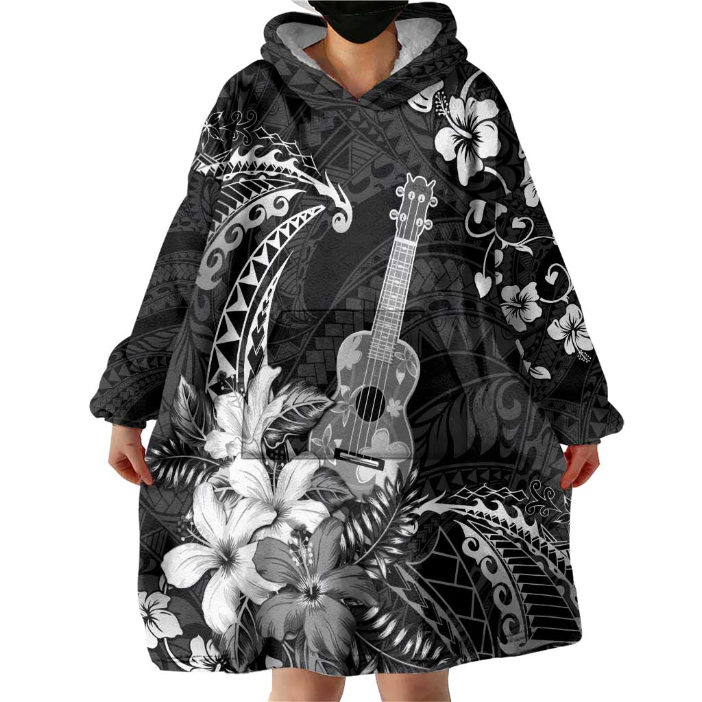 Hawaii Ukulele Wearable Blanket Hoodie Polynesian Pattern Mix Hibiscus Black Version LT05 - Polynesian Pride