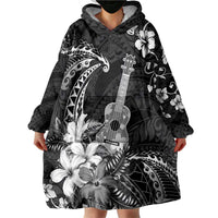 Hawaii Ukulele Wearable Blanket Hoodie Polynesian Pattern Mix Hibiscus Black Version LT05 - Polynesian Pride