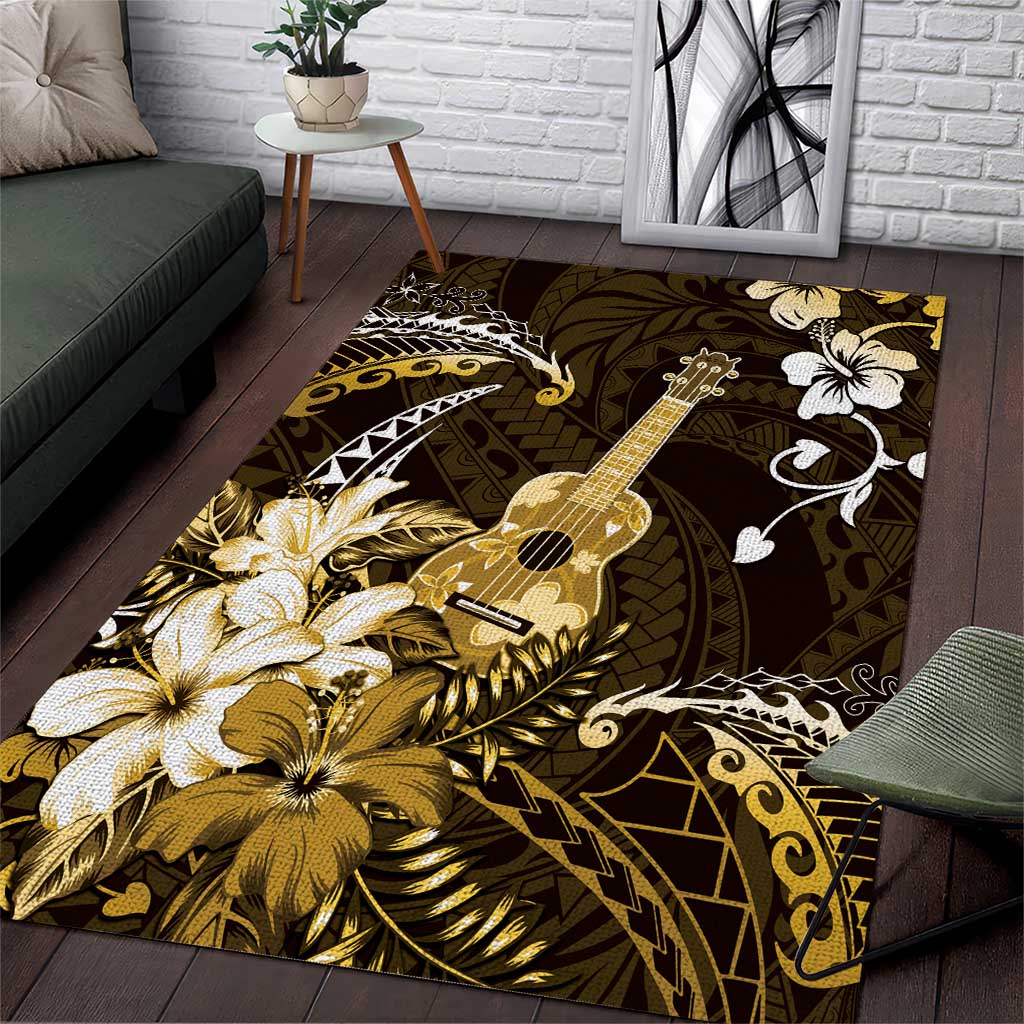 Hawaii Ukulele Area Rug Polynesian Pattern Mix Hibiscus Gold Version LT05 Gold - Polynesian Pride