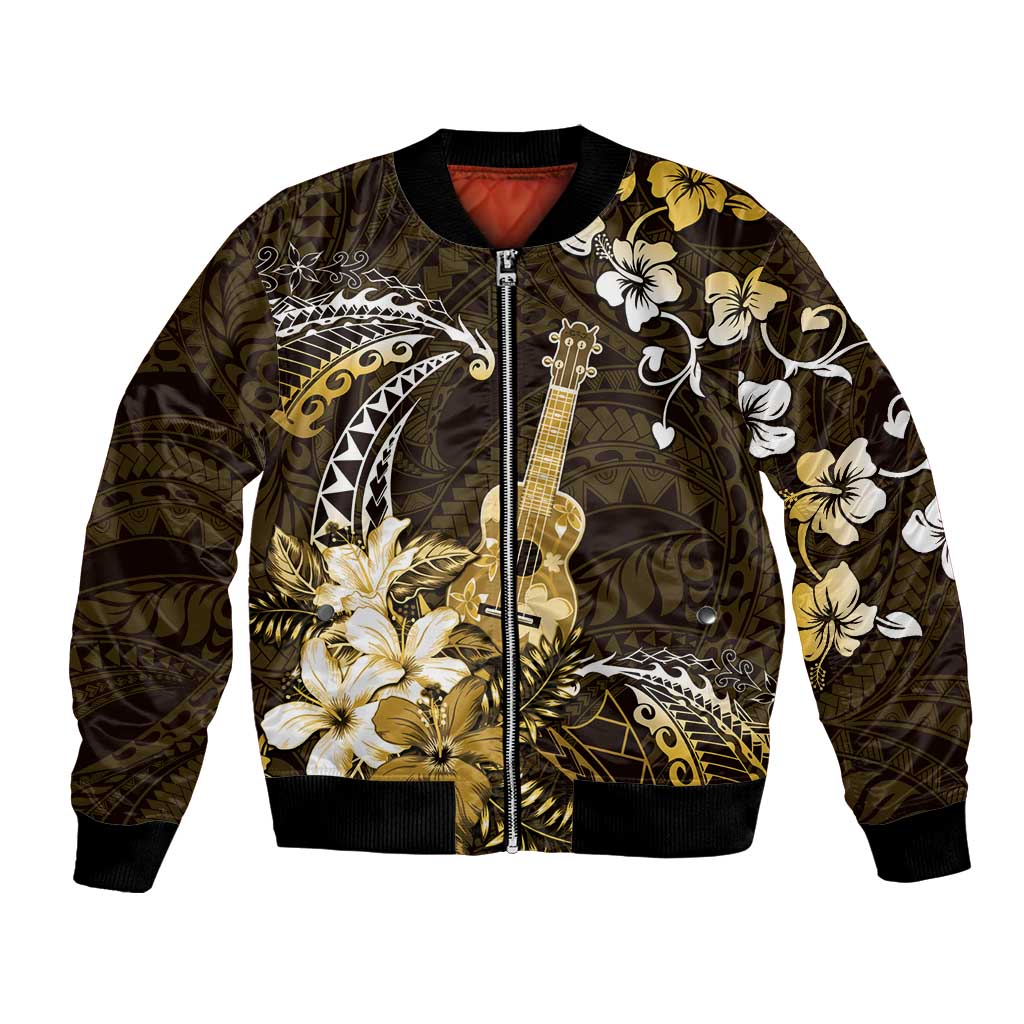 Hawaii Ukulele Bomber Jacket Polynesian Pattern Mix Hibiscus Gold Version LT05 Unisex Gold - Polynesian Pride