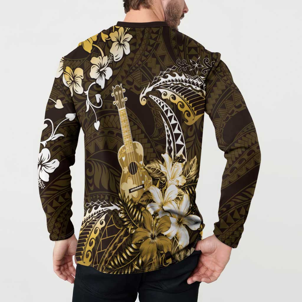 Hawaii Ukulele Button Sweatshirt Polynesian Pattern Mix Hibiscus Gold Version LT05 - Polynesian Pride