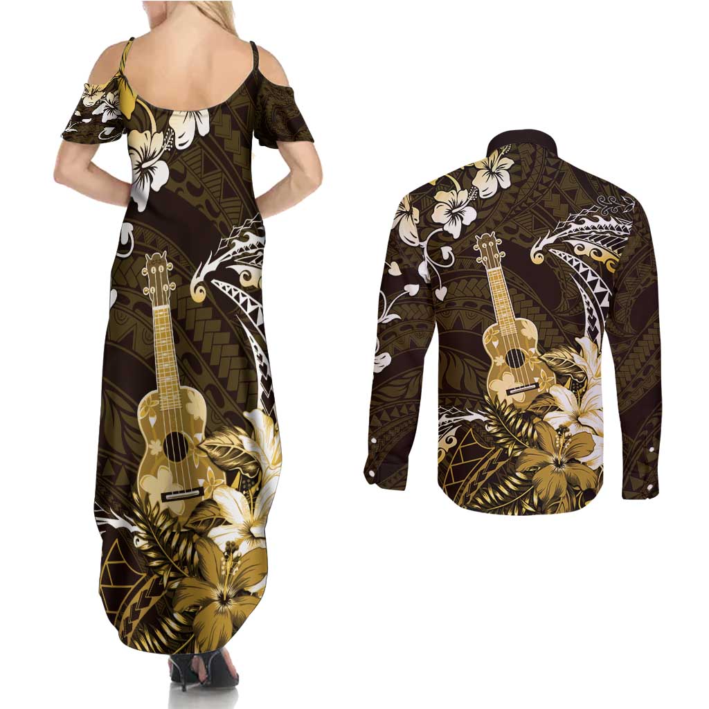 Hawaii Ukulele Couples Matching Summer Maxi Dress and Long Sleeve Button Shirt Polynesian Pattern Mix Hibiscus Gold Version LT05 - Polynesian Pride