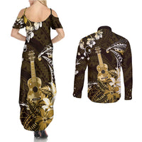 Hawaii Ukulele Couples Matching Summer Maxi Dress and Long Sleeve Button Shirt Polynesian Pattern Mix Hibiscus Gold Version LT05 - Polynesian Pride