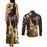 Hawaii Ukulele Couples Matching Tank Maxi Dress and Long Sleeve Button Shirt Polynesian Pattern Mix Hibiscus Gold Version LT05 - Polynesian Pride