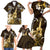 Hawaii Ukulele Family Matching Short Sleeve Bodycon Dress and Hawaiian Shirt Polynesian Pattern Mix Hibiscus Gold Version LT05