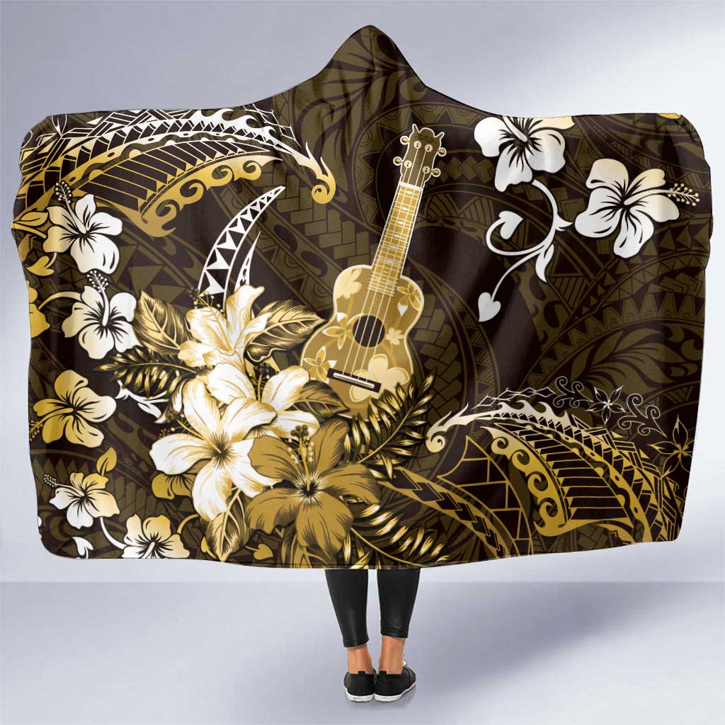 Hawaii Ukulele Hooded Blanket Polynesian Pattern Mix Hibiscus Gold Version LT05 One Size Gold - Polynesian Pride