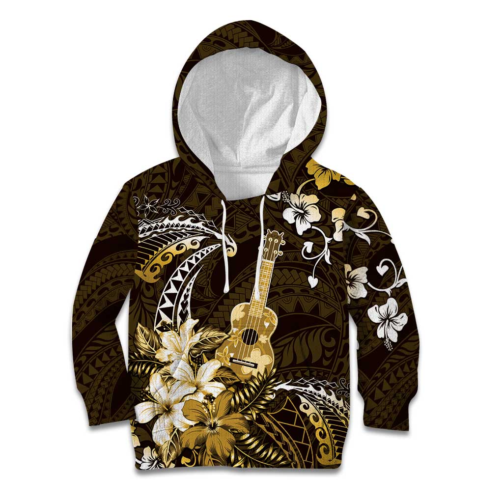 Hawaii Ukulele Kid Hoodie Polynesian Pattern Mix Hibiscus Gold Version LT05 Hoodie Gold - Polynesian Pride