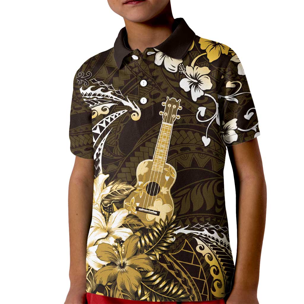 Hawaii Ukulele Kid Polo Shirt Polynesian Pattern Mix Hibiscus Gold Version LT05 Kid Gold - Polynesian Pride