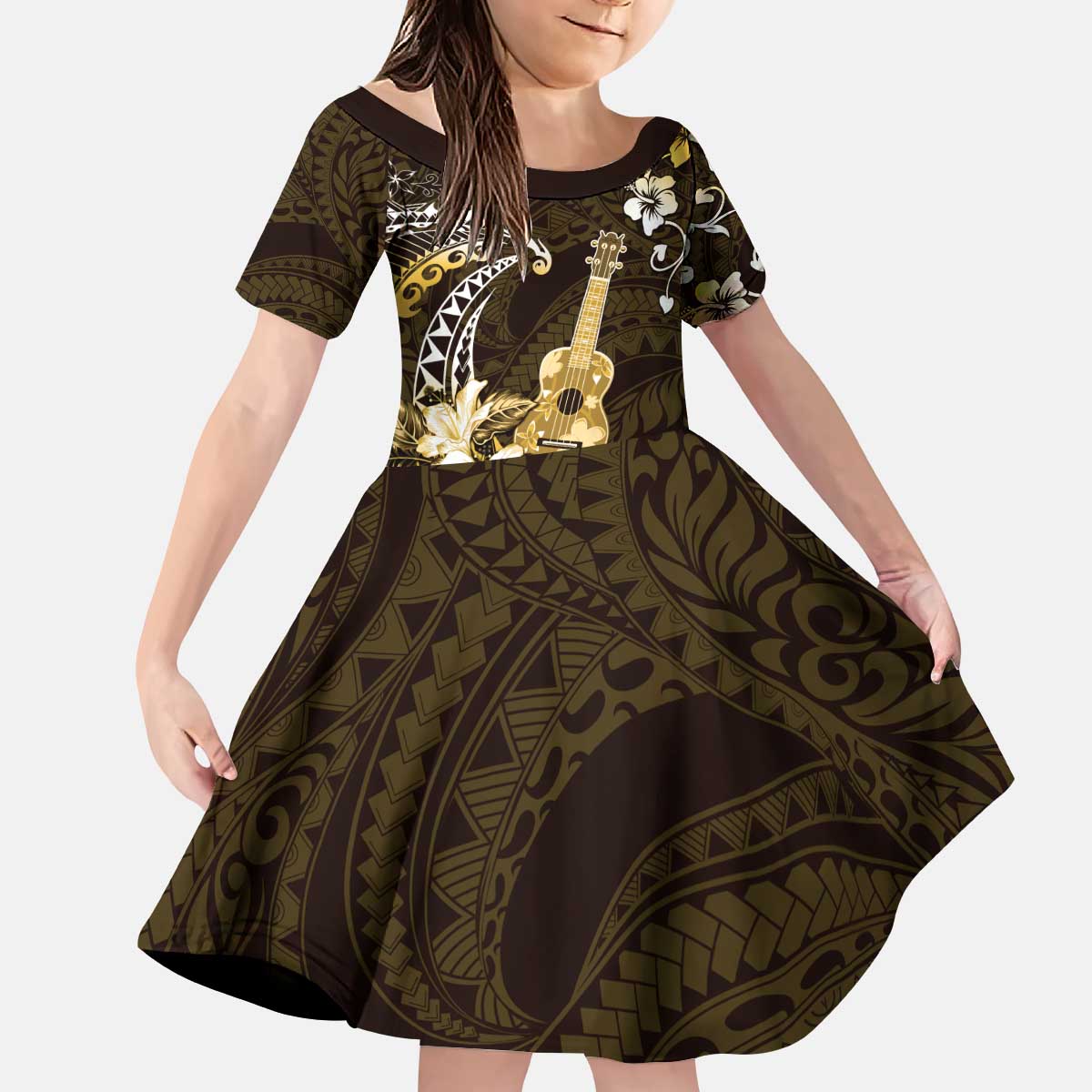 Hawaii Ukulele Kid Short Sleeve Dress Polynesian Pattern Mix Hibiscus Gold Version LT05 KID Gold - Polynesian Pride