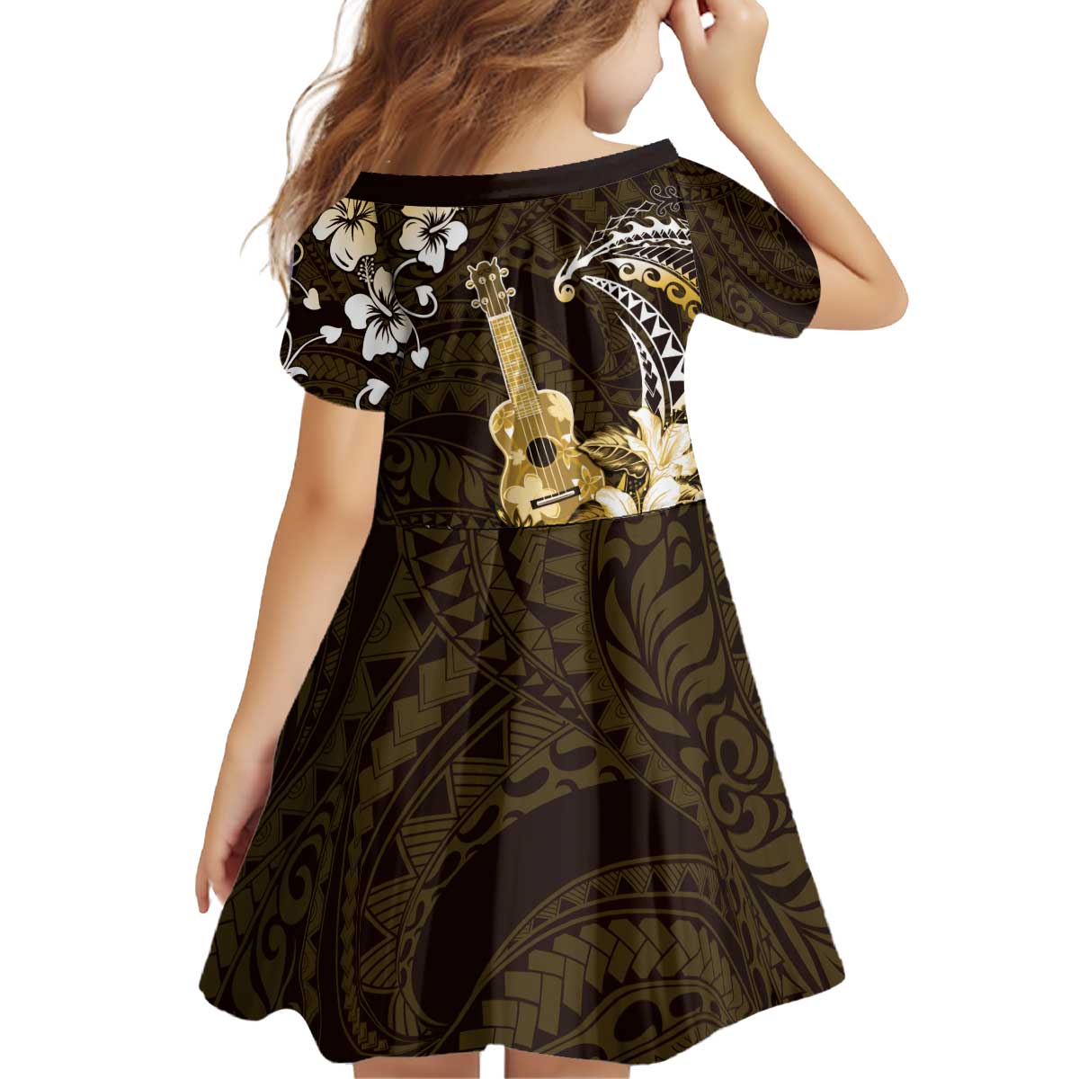 Hawaii Ukulele Kid Short Sleeve Dress Polynesian Pattern Mix Hibiscus Gold Version LT05 - Polynesian Pride