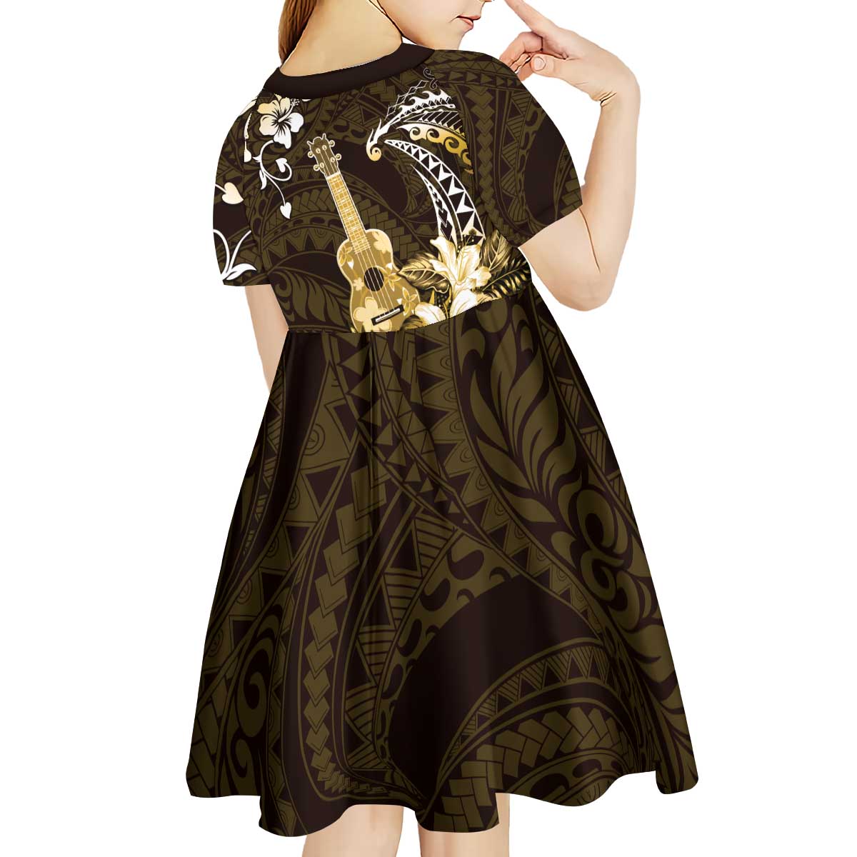 Hawaii Ukulele Kid Short Sleeve Dress Polynesian Pattern Mix Hibiscus Gold Version LT05 - Polynesian Pride