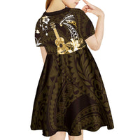 Hawaii Ukulele Kid Short Sleeve Dress Polynesian Pattern Mix Hibiscus Gold Version LT05 - Polynesian Pride
