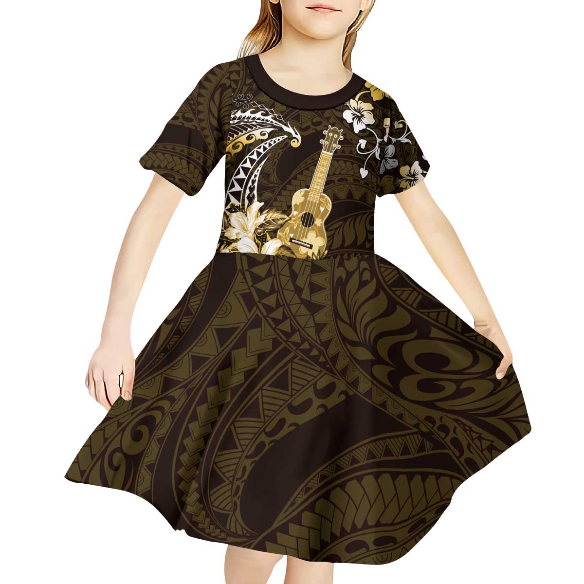 Hawaii Ukulele Kid Short Sleeve Dress Polynesian Pattern Mix Hibiscus Gold Version LT05 - Polynesian Pride