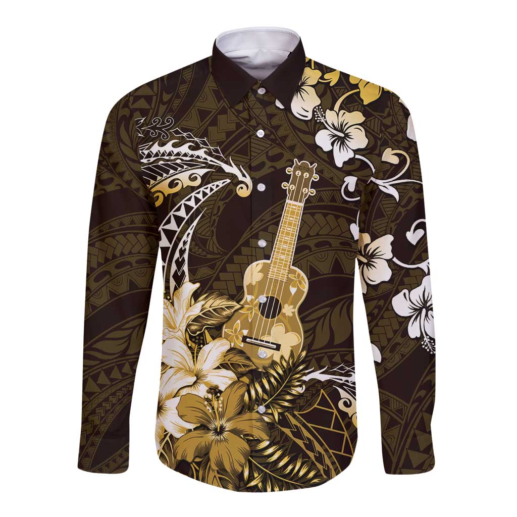 Hawaii Ukulele Long Sleeve Button Shirt Polynesian Pattern Mix Hibiscus Gold Version LT05 Unisex Gold - Polynesian Pride